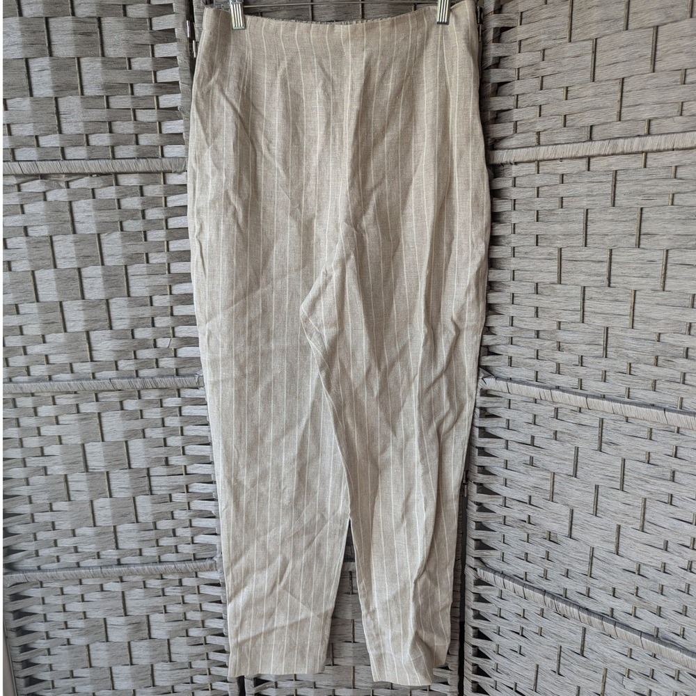 Doncaster Pants Beige Pinstripe 100% Linen High Waisted Tapered Womens Sz 12